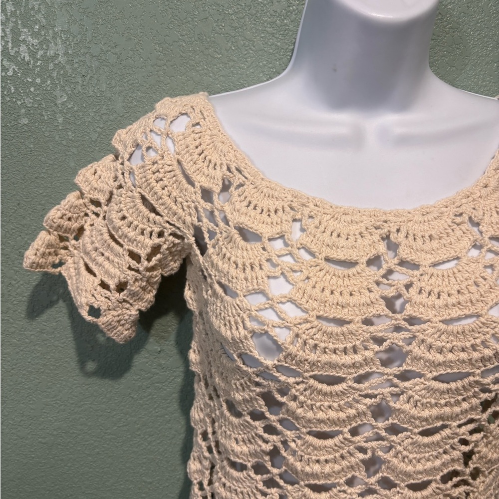 Women's Crochet Blouse Short Sleeve Handmade Top Sz S - Picture 3 of 8